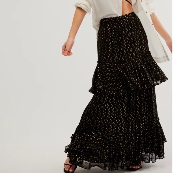 New Rococo Sand x Free People Aine Lg 14/16 Black Gold Metallic Tiered Maxi - Picture 6 of 12